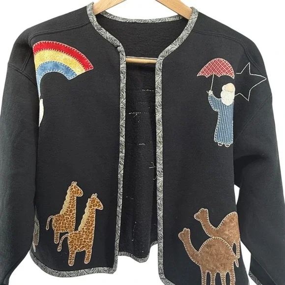 Unique Black Fleece Jacket Noah's Ark Animals Rainbow Applique Open Front Women - Picture 1 of 9